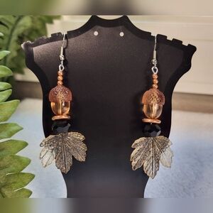 ARTISAN Acorn and Maple Leaf Beaded Statement Dangle Earrings / Pierced